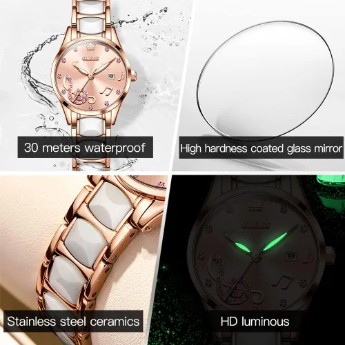 Miniatura 6 de OLEVS Relojes para mujer oro rosa de dos tonos de moda de cerámica blanco esfera rosa roja acero inoxidable fecha impermeable