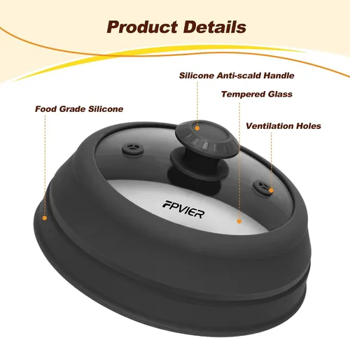 Miniatura 4 de FPVIER Cubierta plegable para salpicaduras de microondas - Tapa ventilada de silicona y vidrio con mango de fácil agarre, se ajusta a platos