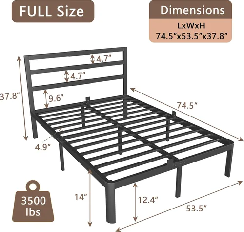 Miniatura 2 de Base de cama matrimonial de 14 pulgadas con cabecero, marco de cama de metal negro, sin necesidad de somier, juntas antideslizantes, sin ruido