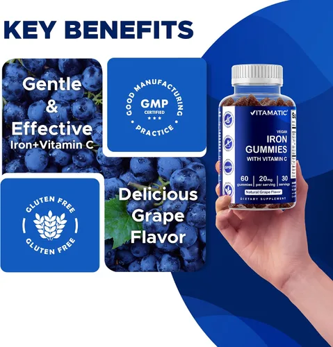 Miniatura 7 de Vitamatic Suplemento de gomitas de hierro para mujeres y hombres, porción de 20 mg, 60 gomitas veganas, vitaminas de gomitas de hierro de gran sabor
