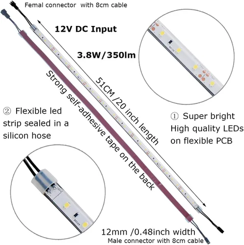 Miniatura 2 de Litever Aditional - Tira de luces LED flexibles de 20 pulgadas, 12 V CC, 4 W, luz blanca diurna 5000 K, parte trasera autoadhesiva, con clips