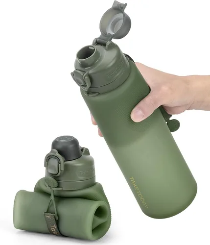 Miniatura 9 de TakeToday Botellas de agua plegables de 32 onzas, botella de agua plegable de viaje, sin BPA, botella de agua de silicona a prueba de fugas