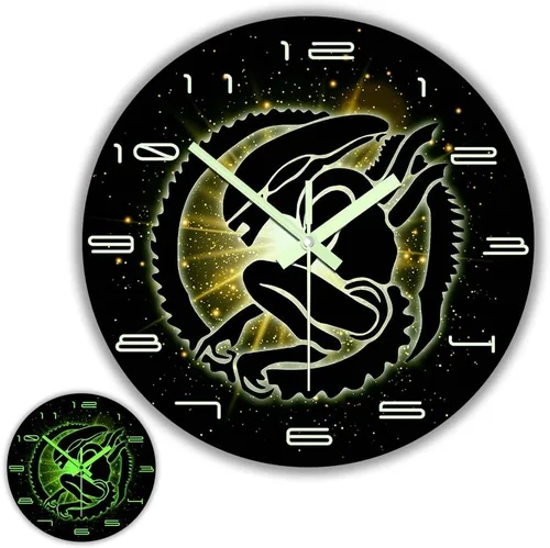 The Geeky Days Alien Xenomorph Reloj que brilla en la oscuridad, funciona con pilas, silencioso de cuarzo, película de ciencia ficción, luminoso, 15
