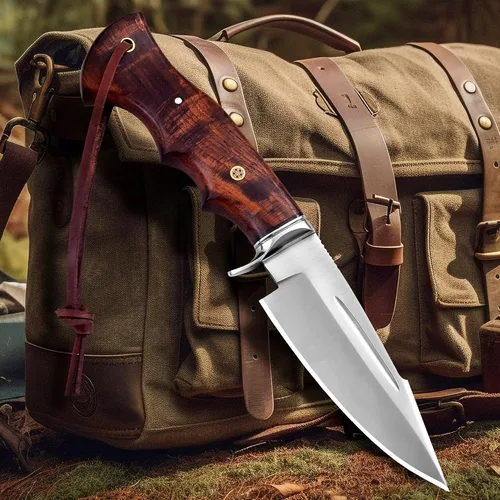 Miniatura 4 de Poshland Cuchillo de caza hecho a mano, cuchillo EDC de hoja fija Bushcraft de 10 pulgadas con hoja de acero D2, mango de madera de nogal, funda