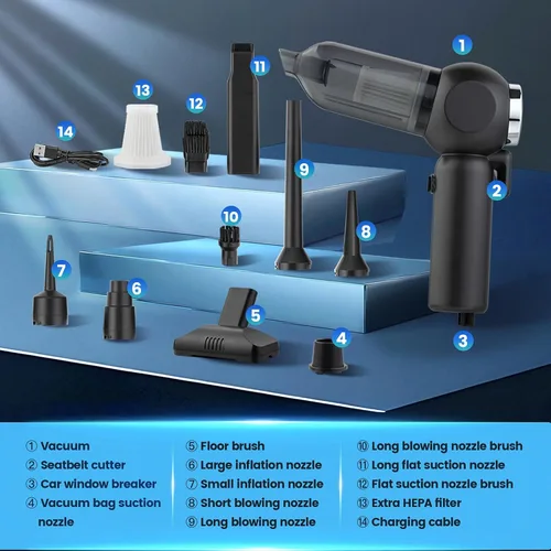 Miniatura 8 de Aspiradora de mano para automóvil, 6 en 1, aspiradora pequeña inalámbrica multifunción de 17000 PA, portátil ajustable con motor sin escobillas