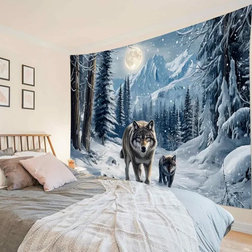 Miniatura 21 de LB Tapiz de Bosque de Nieve de Invierno, Pino Negro y Verde con Copo de Nieve Blanco Tapiz de Pared para Dormitorio, Arte de Pared de Paisaje