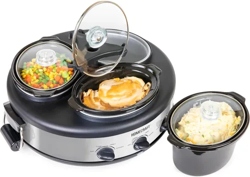 Miniatura 10 de HomeCraft HCTSC15SS Olla de cocción lenta de acero inoxidable de 3 estaciones de 1.5 cuartos ovalada para buffet, con tapa y reposa cucharas