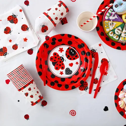 Miniatura 7 de Sumind Juego de 200 decoraciones de fiesta de cumpleaños con temática de mariquita, suministros para fiestas temáticas de mariquita, vajilla