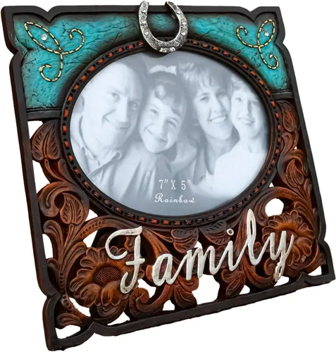 Miniatura 5 de Ebros Gift Rustic Western Family - Marco de fotos de piel sintética turquesa y resina de madera tallada, 7 x 5 pulgadas, con caballete trasero