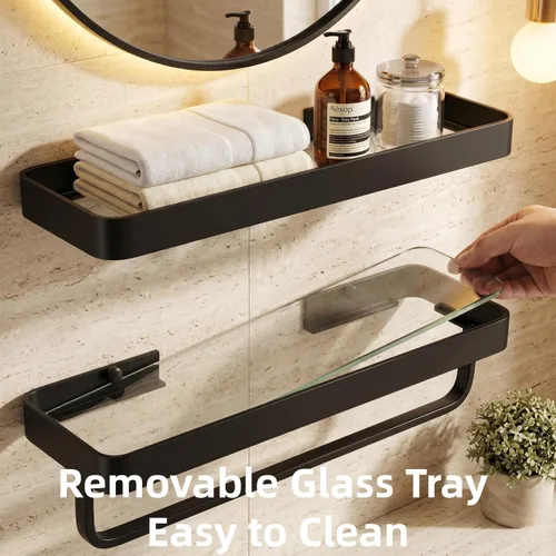 Miniatura 6 de VOLPONE Estante de pared para baño, estantes de vidrio negro, estantes de baño de 15.7in con toallero, estante para toallas, montaje en pared, 2