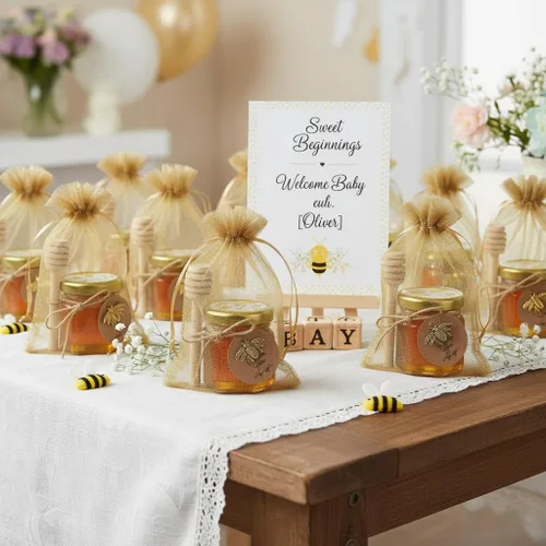 Miniatura 4 de Mini tarros de miel, 1.5 onzas de cristal hexagonal con goteros, abalorios de abeja, bolsas de regalo de organza y calcomanías, perfecto