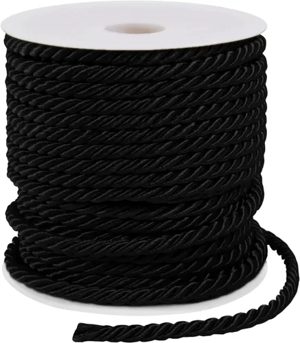 Miniatura 18 de Cuerda de seda trenzada de 27 yardas, cuerda decorativa gruesa de satén negro de 0.118 pulgadas, cordón para manualidades, amarre de cortina