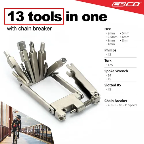 Miniatura 3 de CECO USA - Herramienta de bicicleta de 13 funciones con rompedor de cadena, multiherramienta para bicicleta, ultra delgada, tamaño de bolsillo