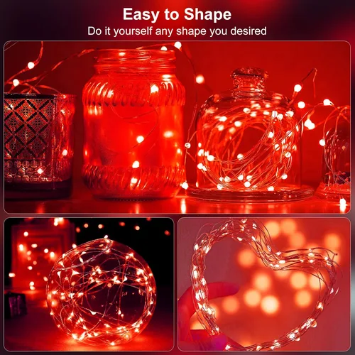 Miniatura 5 de echosari Paquete de 2 Luces de Hadas Rojas a Pilas 200 LED 66 Pies Alambre Plateado Luces de Cadena Estrelladas Temporizador Automático 8 Modos Rojo