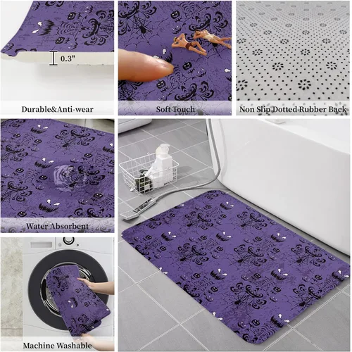 Miniatura 6 de Libaoge Tapete de cocina de Halloween, 1 unidad, diseño de mansión encantada de Halloween, fondo morado, antifatiga, cómodo, tapete de pie de espuma