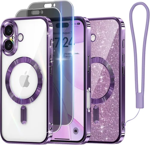 Miniatura 69 de Meifigno Candy Mag Series - Funda diseñada para iPhone 15 Pro, compatible con MagSafe, tarjeta con purpurina y correa de muñeca, protección completa
