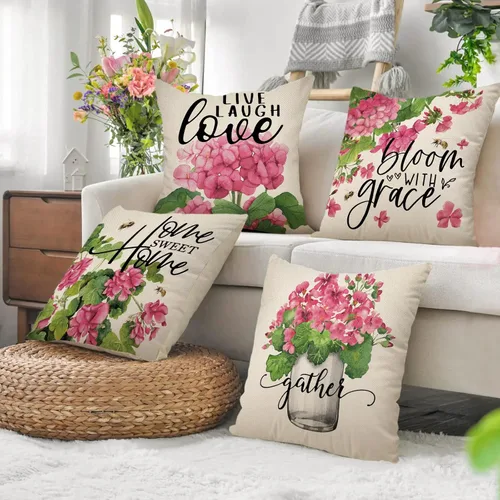 Miniatura 7 de Juego de 4 fundas de almohada decorativas de flores de geranio rosa de 16 x 16 pulgadas, decoración de fundas de cojín de tarro de masón floral