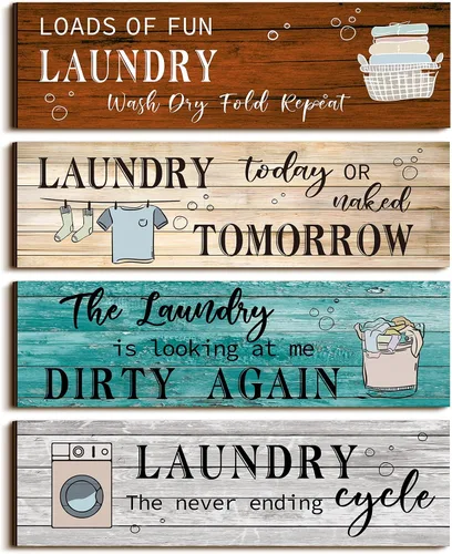 Miniatura 9 de Yulejo 4 piezas de decoración de pared para cuarto de servicio, divertido letrero de madera con citas humorísticas, decoración rústica de granja
