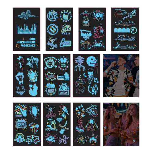 56 diseños que brillan en la oscuridad tatuajes (10 hojas) – Tatuajes temporales luminiscentes azules, suministros de fiesta brillantes para fiestas