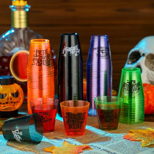 Miniatura 3 de Sunnyray 48 vasos de chupito de plástico para Halloween a granel de 2 onzas de plástico duro transparente, vasos desechables coloridos de sabor