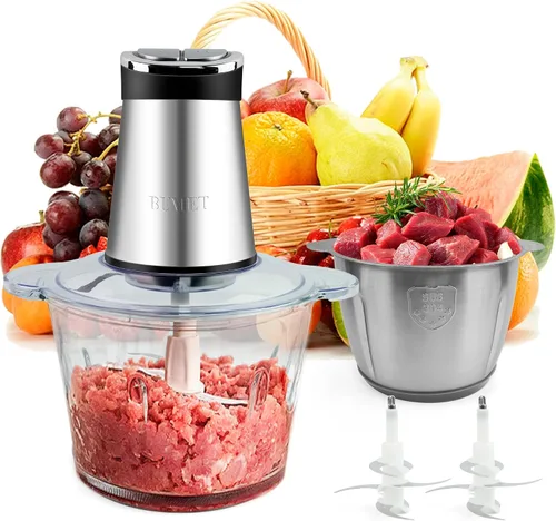 BUMET tazones 2X12 tazas 800W procesador de alimentos eléctrico con temporizador LED. Cuchilla de 3 niveles con 6 filos para picar, cortar, ideal