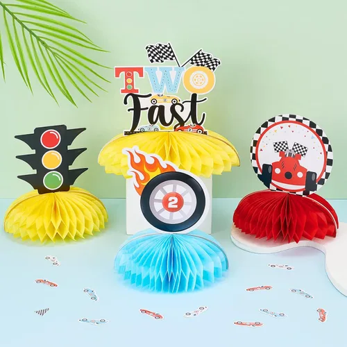 Miniatura 3 de Fangleland 8 centros de mesa rápidos de panal de abeja, temática de auto de carreras retro, decoración de mesa 3D para fiesta de segundo cumpleaños