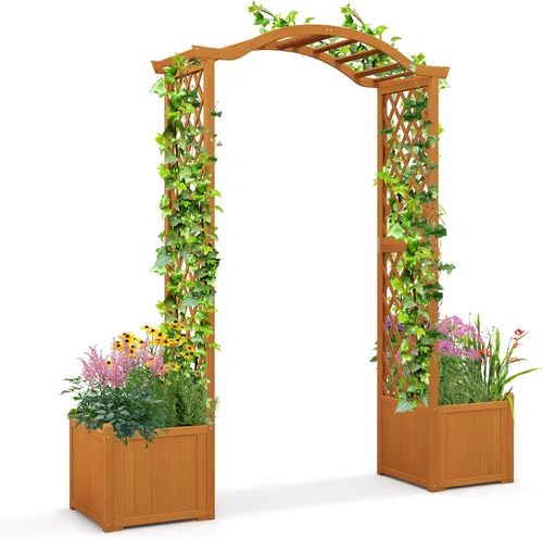 Giantex Pérgola de Jardín con Maceta, Arco de Plantador de Madera con Enrejado, Arco Exterior para Plantas Trepadoras, Vegetales, Hierbas, Blanco