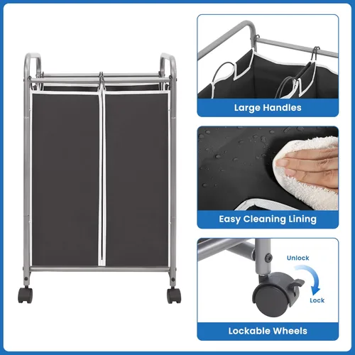 Miniatura 6 de STORAGE MANIAC Clasificador de ropa sucia de 2 secciones, cesta de lavandería de 90 L Gal con ruedas, clasificador separador de cesta de ropa, Negro