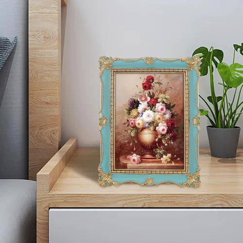 Miniatura 4 de Marco de fotos vintage de 5 x 7 pulgadas para pared de galería y mesa, marcos de fotos de estilo antiguo en azul pintado a mano con detalles