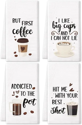 Vansolinne Juego de 4 toallas de cocina de café con diseño de gofres, divertidas toallas de barra de café para regalos de mamá y anfitriona