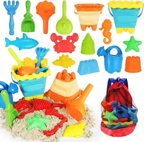Elovien Juego de juguetes de arena de playa, 24 juguetes de caja de arena con bolsa de malla incluida 2 cubos plegables, moldes de arena, palas,