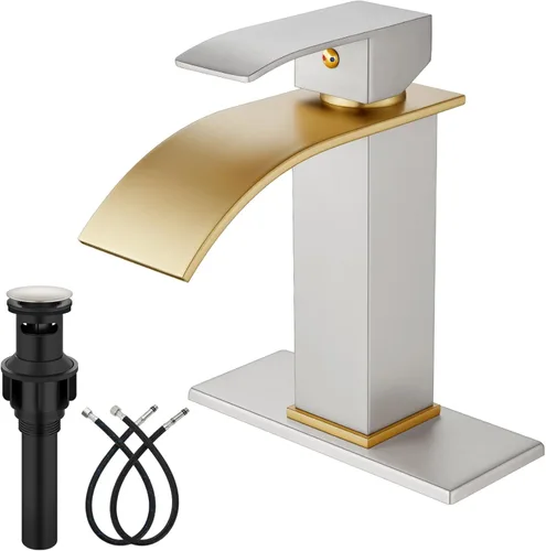 Miniatura 10 de Midanya Grifo de baño con caño de cascada, montaje en cubierta de un solo orificio o 3 orificios, grifo de fregadero de acero inoxidable 304