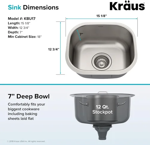 Miniatura 4 de Kraus Premier KBU17 Fregadero de cocina de acero inoxidable de calibre 18, de un tazón, de montaje por debajo para barra de cocina, 35.56 cm