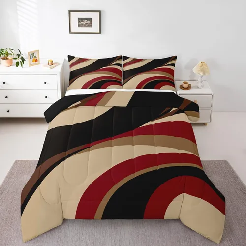 Miniatura 17 de Juego de edredón de rayas rojas y negras, juego de ropa de cama tamaño King con ondas circulares abstractas, geométrico, espiral, acolchado, 3 Multi