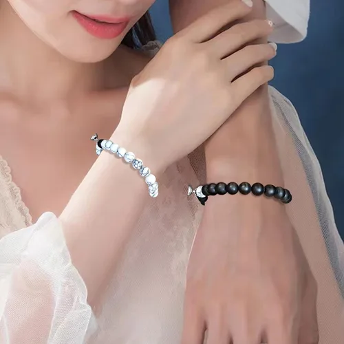 Miniatura 69 de 2 pulseras magnéticas para parejas, piedra natural negra mate, cristal para votos de amor eterno, juego de pulseras de cuentas de piedra de energía