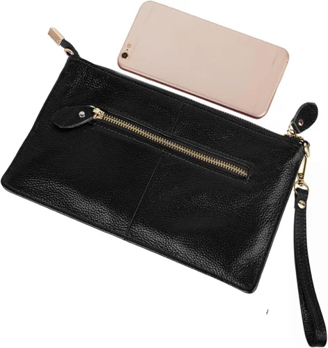 Miniatura 7 de YALUXE Clutch Wristlet - Cartera de piel auténtica con bloqueo RFID y cadena de hombro