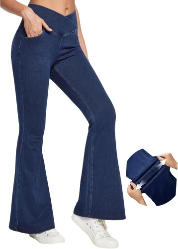 Miniatura 8 de IUGA Jeans de Cintura Alta Acampanados para Mujeres, Jeans Elásticos Acampanados Pull On de Pierna Ancha, Pantalones Leggings Acampanados con Cruz