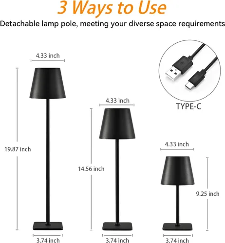 Miniatura 6 de Paquete de 2 lámparas de mesa inalámbricas recargables, funciona con pilas, lámpara LED táctil regulable con 3 temperaturas de color, lámpara