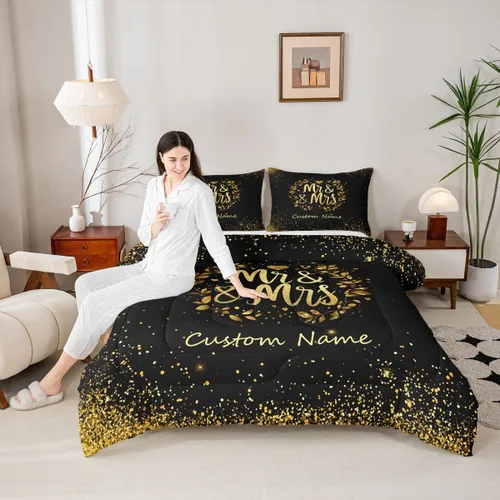 Miniatura 2 de Juego de ropa de cama personalizado con lentejuelas negras y doradas, tamaño individual, edredón de corazón dorado con purpurina para mujeres