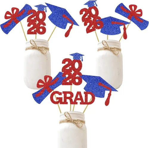 Miniatura 7 de Centro de mesa de graduación Decoración de mesa de centro de fiesta, palillos con purpurina, tapa de graduación para clase, fotomatón, favores, azul