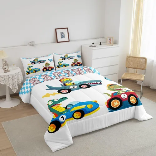 Miniatura 3 de Erosebridal Juego de ropa de cama de dinosaurio de carreras de dinosaurios, juego de edredón de plumón de dinosaurio de caricaturas para niños