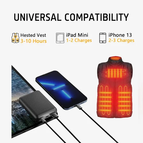 Miniatura 6 de Chaleco calefactable de 7.4 V 7.2 V chaleco calefactado, paquete de baterías, 5 V2 A, recargable, 10000 mAh, batería para chalecos con calefacción