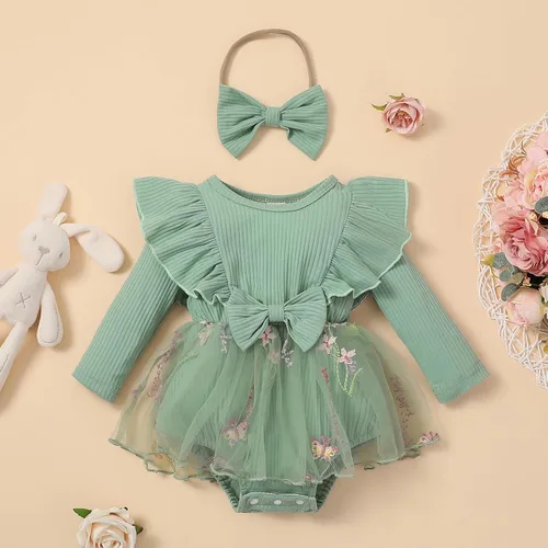 Miniatura 2 de Sasaerucure Traje de manga larga para bebé niña de otoño e invierno, mameluco de encaje con tutú de una pieza, mameluco de punto