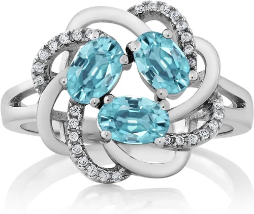 Miniatura 55 de Gem Stone King Flower Blossom Gemstone Birthstone Ring in 925 Sterling Silver 3-Stone Oval 6X4MM with Sparkling Accents Wedding Anniversary