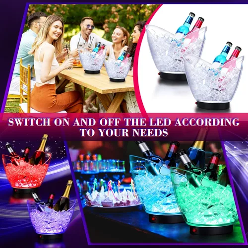 Miniatura 4 de Umigy Cubo de hielo de plástico transparente de 5L LED de 5 L, luz de gran capacidad, enfriador LED colorido RGB con luces para champán, vino