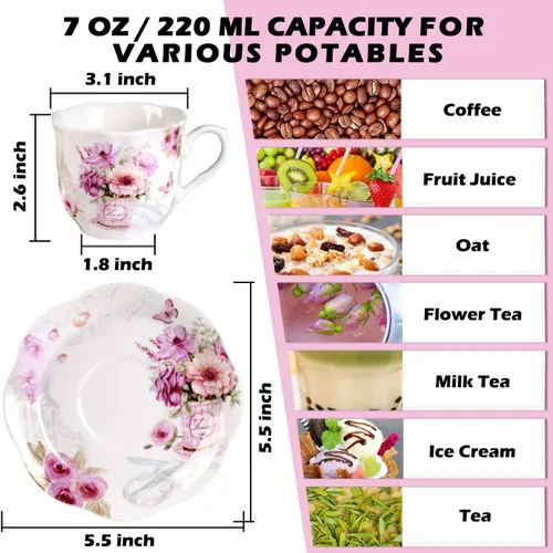 Miniatura 4 de GuangYang Juego de 6 tazas de té y platillos de porcelana de 7 onzas, patrón floral morado