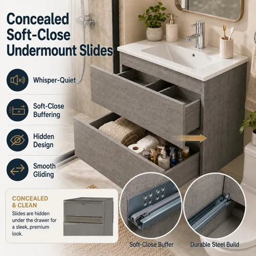 Miniatura 4 de KSWIN Mueble de baño flotante de 24 pulgadas con fregadero, armario de tocador gris montado en la pared con 2 cajones, fregadero de cerámica