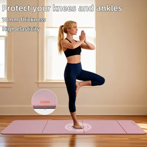 Miniatura 5 de Tapete de yoga plegable de 0.39 pulgadas de grosor, extra grande, material TPE, antideslizante, fácil de llevar, adecuado para entrenamiento en Rosa