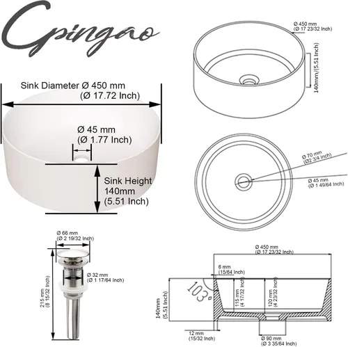 Miniatura 5 de Cpingao Lavabo de Recipiente Redondo de Baño de 17.7 Pulgadas, Lavabo Circular Sobre Encimera de Piedra Mate Moderno Lavabo de Arte para Gabinete