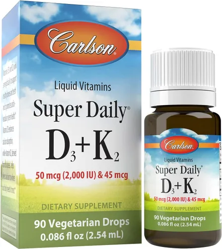 Carlson - Super Daily D3 + K2, 50 mcg D3 + 45 mcg MK-7, salud del corazón y los huesos, 90 gotas líquidas, 0.08 onzas líquidas